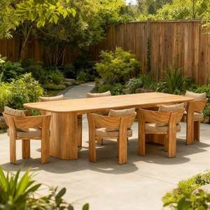 Conjunto de comedor moderno de madera para exteriores con asientos acolchados, mesa y sillas de teca para muebles de jardín y patio. - Product Image 1