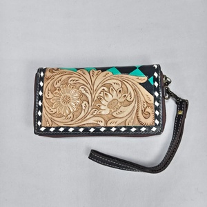 Cartera de Mano de Cuero Genuino a Cuadros de Primera Calidad, Diseño Floral, con Cierre, Anti-Robo, Múltiples Ranuras para Tarjetas, para Mujer - Product Image 3