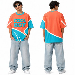 Camiseta de Manga Corta Oversize para Hombre Cool Boy, Diseño Casual con Estampado en Contraste Naranja y Azul, Cuello Redondo, Tejido con Relieve - Product Image 2