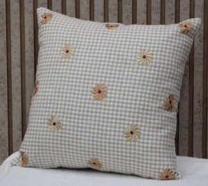 Beige Gingham Check Embroidered Daisy Cushion <b>Cover</b> 100% Linen Decorative Throw Pillow Case Farmhouse Cottage Home Decor - Product Image 5