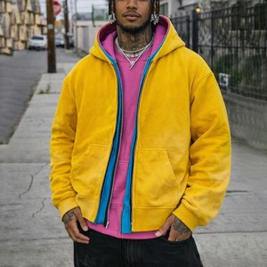 Vente en gros de sweats à capuche personnalisés, streetwear, coupe oversize, 100% coton, unis, vierges, zippés, courts, à triple couche - Product Image 3