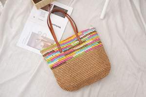 Brighten your summer wardrobe with this chic Natural yarn bag featuring a solid brown body and colorful striped <b>top</b> trim now - Product Image 3