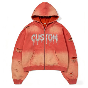 Custom Mens Distressed <b>Zip</b> Up Hoodie Acid Wash 100% Cotton Rhinestone Puff Print Oversized Streetwear OEM - Product Image 1