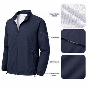 Men's Navy Stand Collar Full <b>Zip</b> Windproof Sports Jacket Lightweight Polyester Casual Outerwear With Logo Front - Product Image 3