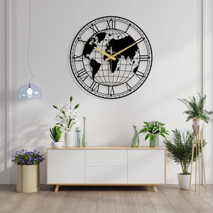 Reloj de Pared de Metal con Mapa del Mundo Vintage, Diseño de Globo con Números Romanos, Reloj Decorativo de Estilo Antiguo, Arte de Pared Negro para Sala de Estar - Product Image 6