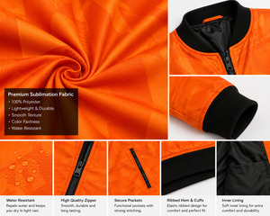 Blouson Bomber Homme Personnalisé Orange Uni Hiver Entièrement Zippé Léger en Polyester Style Universitaire Décontracté Streetwear OEM ODM Col Montant - Product Image 5