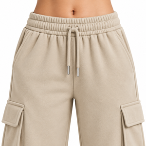 Ensemble décontracté deux pièces pour femme : débardeur court beige et pantalon cargo ample à jambes larges avec taille élastique, style streetwear - Product Image 4