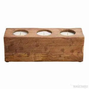 Porte-bougie triple en bois, support rectangulaire pour bougies chauffe-plat, décoration rustique style ferme, bois naturel, pour table - Product Image 2