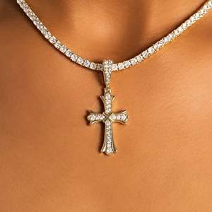 Luxury 18K Gold Filled Moissanite Cross Pendant Necklace Round Brilliant Cut <b>Snake</b> <b>Chain</b> Women's Christian Everyday Wear - Product Image 1