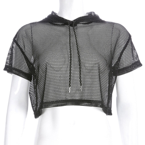 Women <b>Mesh</b> Fabric Crop <b>Top</b> Hoodie Full Sleeve Crew Neck Streetwear Sexy Club Polyester Sweatshirt - Product Image 2