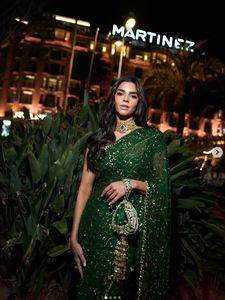 Sari en soie verte brodé réversible, protection solaire, longueur ras du sol, coupe classique, tenue de mariage traditionnelle pour femme, Inde Pakistan - Product Image 1