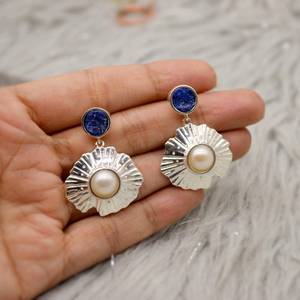 Best Selling Raw Lapis Lazuli <b>Pearl</b> Sterling <b>Silver</b> <b>Earrings</b> Handmade Gemstone Jewelry December June Birthstone At Best Price - Product Image 5