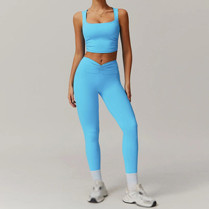 Women Yoga Set Blue <b>Crop</b> <b>Top</b> High Waist Leggings Seamless Spandex Polyester Activewear Two Piece Sportswear Full Length - Product Image 3