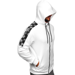 Men's <b>White</b> Hooded <b>Zip</b>-<b>Up</b> Sweatshirt With Black Solid Print Sleeves Regular Fit Casual Autumn Wear - Product Image 2