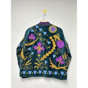 Chaqueta Bohemia de Terciopelo Verde Azulado con Bordado Floral, Cuello Alto, Manga Larga, Ropa de Abrigo Otoñal para Mujer - Product Image 5