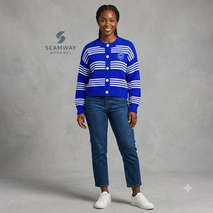 เสื้อคาร์ดิแกนถักลายทางสำหรับผู้หญิง Zeta Phi Beta Sorority แขนยาว ปิดกระดุม คอวี สีน้ำเงินขาว ปักลาย สไตล์ลำลอง - Product Image 5