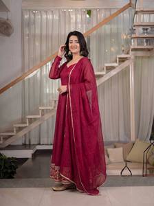 <b>Burgundy</b> Indian Pakistani Cotton Floor-Length Loose Fit Embroidered <b>Top</b> and Palazzo Pants Traditional Dress for Party Wedding - Product Image 1