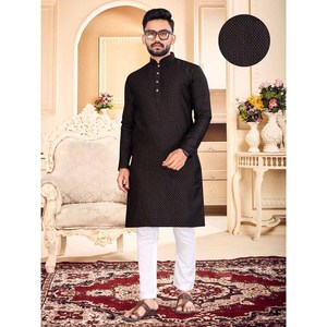 MARIAGE OCCASION SPÉCIALE COLLECTIVE TISSU EN COTON AVEC JACQUARD TRAVAIL DE TISSU KURTA + PYJAMA NOIR - Product Image 1