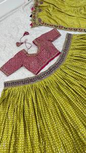 Custom <b>Ladies</b> Heavy Heavy Border Bandhej Lehenga Choli Olive Lime Green Silk Lehenga Pink Embroidered <b>Blouse</b> Designer Set - Product Image 4