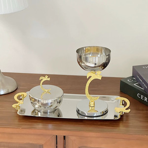 Elegant <b>Silver</b> Incense <b>Burner</b> And Covered Bowl Set With Gold Arabic Calligraphy Accents On Rectangular Tray For Modern Decor - Product Image 1