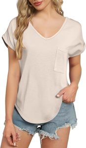 Haut de couleur pastel pour femme, col en V, manches courtes, coupe régulière, décontracté, urbain, avec poche, pour l'été - Product Image 3