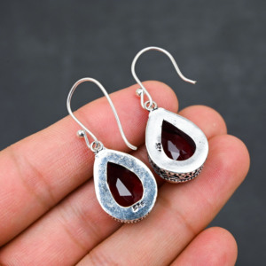 Customised <b>Red</b> Garnet LAB-CREATED 925 Sterling Silver <b>Earrings</b> 1.9" Handmade Gemstone Jewelry Antique Fine <b>Earring</b> Gift for Wome - Product Image 4