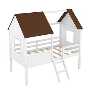 Letto a soppalco basso in legno per bambini con due finestre laterali (Bianco e Marrone) (Vecchio SKU LP000037AAD) - Product Image 5
