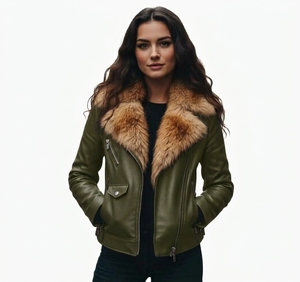 Manufacturer MKB Wholesale Womens Hooded Real Leather <b>Biker</b> <b>Jacket</b> Removable Fleece Hood Casual Motorcycle Outerwear Coat - Product Image 4