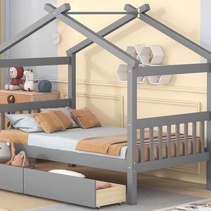 Twin Size Wooden <b>House</b> <b>Bed</b> with Drawers Gray for Kids - Product Image 5