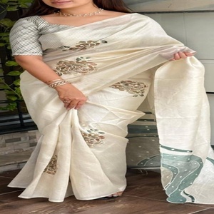Beautiful Tussar Linen with Hand-Position Katha work, Position-Print & Hand-Mirror work <b>Saree</b>-Digital Print <b>Blouse</b> Woman Fashion - Product Image 1