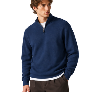 Pull en maille bleu marine pour homme, col montant zippé, manches longues, décontracté, chaud, respirant, doux, taille XL - Product Image 4