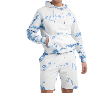 Ensemble sweat à capuche et short blanc et bleu pour homme – Survêtement décontracté d'été à manches longues avec cordon de serrage et poches en polyester respirant - Product Image 3