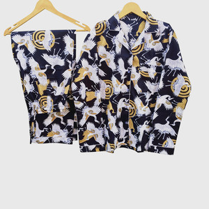 Ensemble de pyjama en satin pour femme, manches longues, col cranté, boutonné, imprimé grue, tenue décontractée - Product Image 3