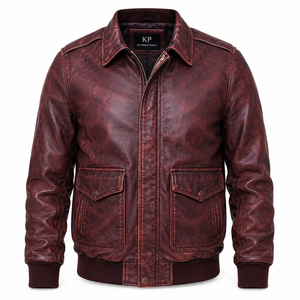 Veste en cuir véritable vintage unisexe personnalisée, style bomber, couleur bordeaux, coupe-vent, durable, respirante, hiver, OEM - Product Image 1