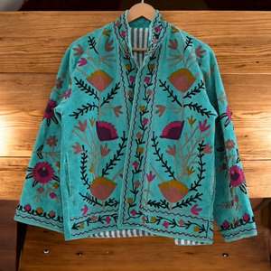 Turquoise Hand Embroidered Floral <b>Jacket</b> <b>Mandarin</b> <b>Collar</b> Full Sleeve Cotton Prairie Chic Spring Style Open Stitch - Product Image 1