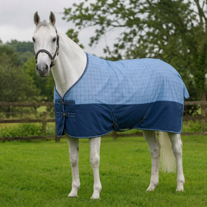 Couverture d'extérieur hybride de luxe pour chevaux, 1200 deniers Oxford, protection hivernale, bleu clair à carreaux Gingham, bas bleu uni - Product Image 1