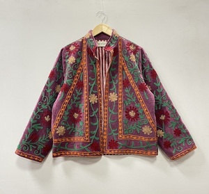 Hand Embroidered Suzani Velvet Bomber Jacket Stand Collar Full Sleeve Floral Pattern All Seasons Women's Wool Blend - Product Image 1