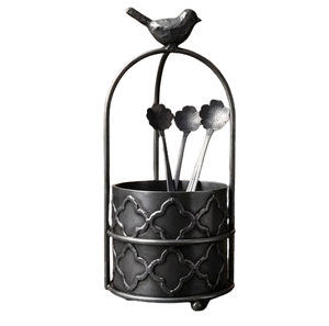 Vintage Silver Metal Cutlery Holder with Bird Top Standing <b>Utensil</b> <b>Organizer</b> Flower Handle for Kitchen - Product Image 4