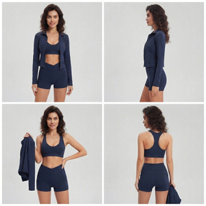 Wholesale Women's Yoga 3 Piece Shorts Set Ladies <b>Workout</b> Wear Racerback Bra Turn Down Collar <b>Jacket</b> Shorts 3 Piece Gym Set Women - Product Image 6