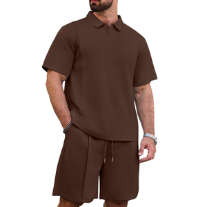 Men's Brown Polo Shirt & Shorts <b>Set</b> Solid Color Casual Summer Wear Breathable <b>Knitted</b> Cotton Outfit Tracksuits For Men's - Product Image 2