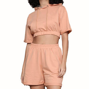 Ensemble de sweat-shirt court pour femmes, couleur pêche, haut court à manches courtes avec short, couleur unie, tenue décontractée d'été, tissu jersey - Product Image 1