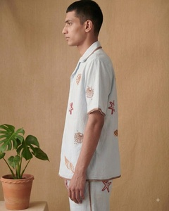 <b>Men</b> WHITE Cotton Poplin Full Sleeve <b>Shirt</b> With Hand Embroidery Floral Pattern Turn-down Collar Casual Spring Wear Breathable - Product Image 1