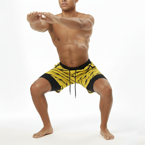 Shorts de course pour hommes à taille élastique avec doublure, séchage rapide, cordon de serrage, shorts de sport 2 en 1 avec poches - Product Image 1