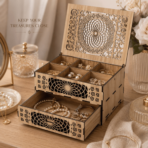 Wooden <b>Chest</b> of Drawers Style Jewelry Box | Decorative Laser Cut Organizer for Home Vanity Accessories & Keepsake Collection - Product Image 4