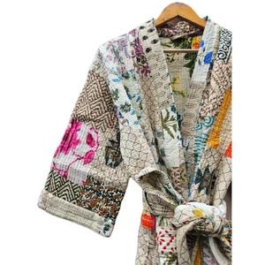Women <b>Vintage</b> Patchwork <b>Kimono</b> Robe V Neck Three Quarter Sleeve Woven Lounge Sleepwear GIFT FOR HER - Product Image 2