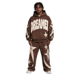 Conjunto de Sudadera y Pantalón Deportivo Oversize de Algodón con Estampado Gráfico Circular Dream Mode, Color Crema Oliva, Estilo Urbano - Product Image 3