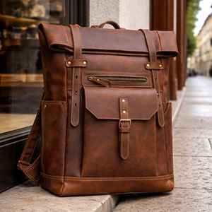 Genuine Leather Roll Top <b>Backpack</b> for Men Fashion Laptop Rucksack Cowhide Travel Daypack Vegetable Tanned LTBP-0067 - Product Image 5