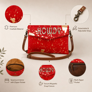Bolso Bandolera Rojo Metálico de Piel de Vacuno para Mujer, Estilo Western con Pelo, Cartera de Cuero, Bolso de Hombro Tipo Sobre, Accesorio de Moda Vaquera - Product Image 5