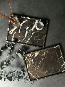 Plateau de service rectangulaire en marbre noir et or, pierre naturelle, décoration de luxe pour la maison, résistant au feu, revêtement mural de cuisine - Product Image 3