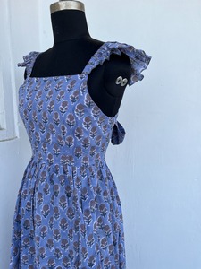 Open Back Square Collar Woven Cotton Breathable A-Line <b>Maxi</b> <b>Dress</b> <b>Flutter</b> <b>Sleeve</b> Summer Boho Floral Block Print Ruffle Strap - Product Image 6